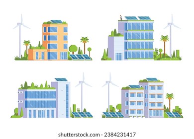 Green Powered Building Office Vector element illustration Eco Concept city illustration with a tree, solar panels, wind turbines and green spaces