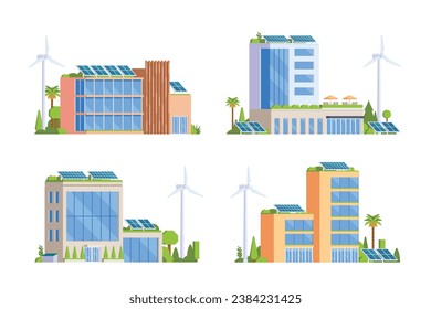 Green Powered Building Office Vector element illustration Eco Concept city illustration with a tree, solar panels, wind turbines and green spaces