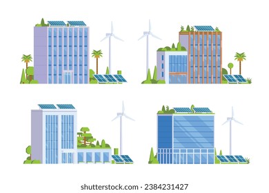 Green Powered Building Office Vector element illustration Eco Concept city illustration with a tree, solar panels, wind turbines and green spaces