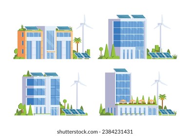 Ilustración de elementos de la oficina de construcción con energía verde Ilustración de la ciudad de Eco Concept con un árbol, paneles solares, turbinas eólicas y espacios verdes