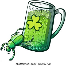 Green powerful beetle pushing a glass of Saint Patrick's Day beer with his legs, for spilling and drinking it