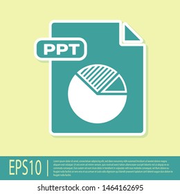 Green PPT file document. Download ppt button icon isolated on yellow background. PPT file presentation.  Vector Illustration