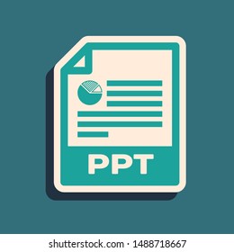 Green PPT file document. Download ppt button icon isolated on blue background. PPT file presentation. Long shadow style. Vector Illustration