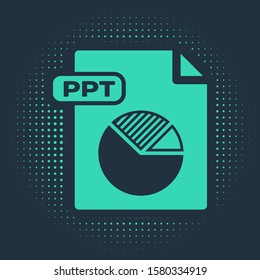 Green PPT file document. Download ppt button icon isolated on blue background. PPT file presentation. Abstract circle random dots. Vector Illustration