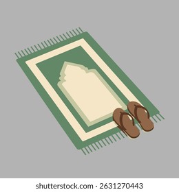 A green prayer rug with a beige center and brown sandals, angled view.