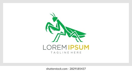 A green praying mantis logo on white