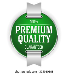 Green premium quality badge, button with silver border on white background