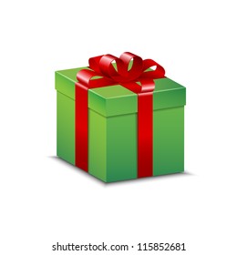 Green present with shiny red bow, isolated on white.