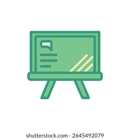 A green presentation board with a message bubble and chart lines, set against a White Background. Flat design with clean lines.