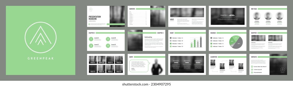 Green presentation slide template with minimal ecological logo and other elements. Corporate branding template.