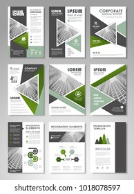 Green presentation template set for business annual report, corporate marketing,  corporate report, creative flyer and leaflet, advertising, brochure,  banner, slideshow, booklet, background.