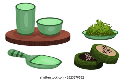 Green Pressed Bricks of Matcha Drink and Bowl for Tea Ceremony Vector Set