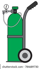 Green Pressurized Portable Oxygen Tank On A Cart Ready For Use