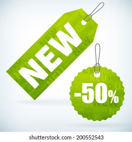 green price tag discount labels vector with new background in different language