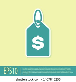 Green Price tag with dollar icon isolated on yellow background. Badge for price. Sale with dollar symbol. Promo tag discount. Vector Illustration