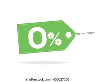 Green price tag label with 0% text designed with a daisy flower icon on it and with shadow isolated on white background. For summer sale campaigns.