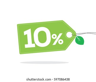 Green price tag label with 10% text and stitches on it and with a leaf and shadow isolated on white background. For spring and summer sale campaigns.