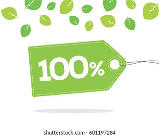 Green price tag label with 100% text and stitches on it and with shadow on white background with leaves. For spring and summer sale campaigns.