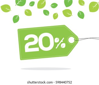 Green price tag label with 20% text designed with a leaf and stick branch percent icon and stitch with shadow on white background with leaves. For spring and summer sale campaigns.