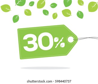 Green price tag label with 30% text designed with a leaf and stick branch percent icon and stitch with shadow on white background with leaves. For spring and summer sale campaigns.