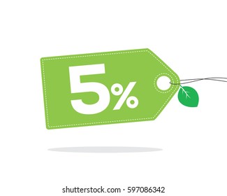 Green price tag label with 5% text and stitches on it and with a leaf and shadow isolated on white background. For spring and summer sale campaigns.