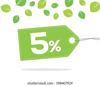 Green price tag label with 5% text and stitches on it and with shadow on white background with leaves. For spring and summer sale campaigns.