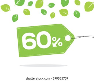 Green price tag label with 60% text designed with an arrow percent icon and stitches on it on white background with leaves and shadow. For spring and summer sale campaigns.