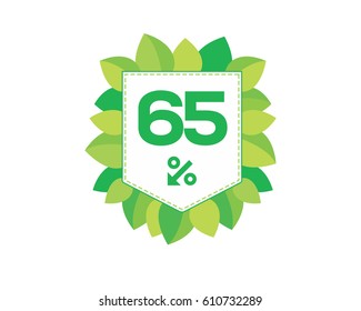 Green price tag label with 65% text designed with an arrow percent icon and stitches on it with leaves isolated on white background. For spring sale campaign.