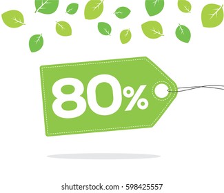 Green price tag label with 80% text and stitches on it and with shadow on white background with leaves. For spring and summer sale campaigns.