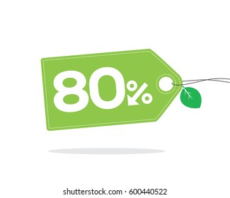 Green price tag label with 80% text designed with an arrow percent icon and stitches on it with a leaf and shadow isolated on white background. For spring and summer sale campaigns.