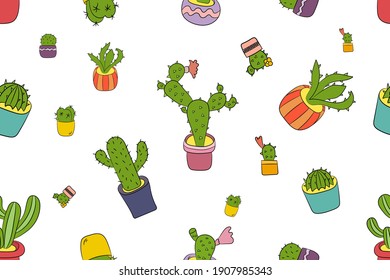 Green, prickly cacti in beautiful pots. Home plants. Seamless pattern. Vector illustration