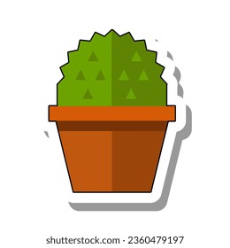 Green prickly cactus in a ceramic pot. Growing indoor plant or cacti in ceramic pot. Flat paper sticker isolated on white background