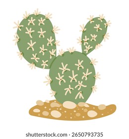 Green prickly cactus with oval pads and white spines growing on sandy desert ground in flat style. Concept of desert resilience, natural strength, and minimalistic nature beauty.
