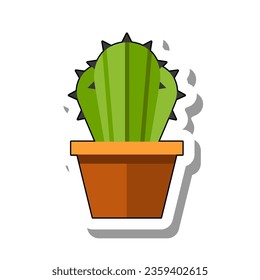 Green prickly cactus in pot. Growing indoor plant and cacti in ceramic pot. Flat paper sticker isolated on white background