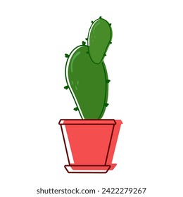 Green prickly cactus in red pot with offshoot. House plant with green prickles stands inside a house. Vector.