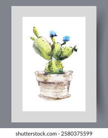 Green prickly cactus with sharp thorns in pot for house plants on wall art. Watercolor artwork. Poster with cactus from genus of succulents from arid regions, in frame with decor for print