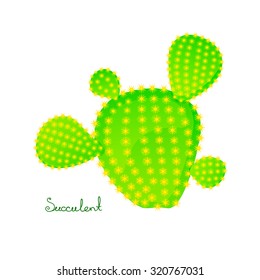 Green prickly pear cactus with four spikes, bright juicy succulent, vector illustration in cartoon style