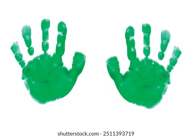 Green print of a child's hands drawn with paint. Green hands print vector icon isolated on white background. Palms.