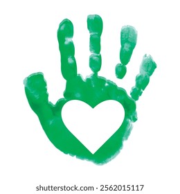 Green  print of  palm with white heart drawn with paint. Green hand print vector icon isolated on white background. National volunteers day, environmental care