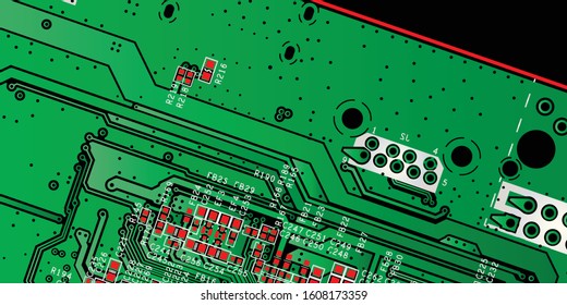 Green printed circuit board (PCB) with no components fit (Macro)