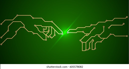 green printed circuit Board - pcb, conductors and contact pads in the form of the painting "birth of Adam". art, vector illustration
