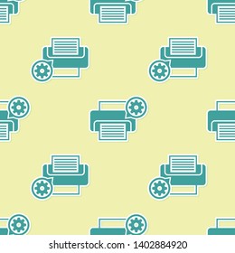 Green Printer and gear icon isolated seamless pattern on yellow background. Adjusting app, service concept, setting options, maintenance, repair, fixing. Vector Illustration