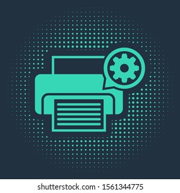 Green Printer and gear icon isolated on blue background. Adjusting app, service concept, setting options, maintenance, repair, fixing. Abstract circle random dots. Vector Illustration
