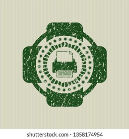 Green printer icon inside distress grunge style stamp