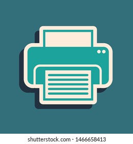 Green Printer icon isolated on blue background. Long shadow style. Vector Illustration