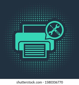 Green Printer with screwdriver and wrench icon isolated on blue background. Adjusting, service, setting, maintenance, repair, fixing. Abstract circle random dots. Vector Illustration