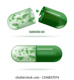 Green Probiotics Pills with Escherichia Coli Live Bacteria in Soluble Shell Realistic Vector Isolated on White. Medicines for Human Microflora, Immunity Support. Dysbiosis, Digestive Disorders Treat