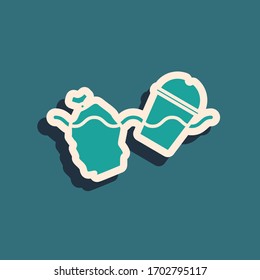 Green The problem of pollution of the ocean icon isolated on green background. The garbage, plastic, bags on the sea. Long shadow style. Vector Illustration