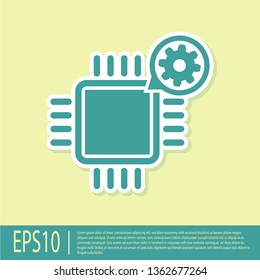 Green Processor and gear icon isolated on yellow background. CPU, chip service concept. Adjusting app, setting options, maintenance, repair, fixing. Vector Illustration