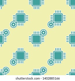 Green Processor and gear icon isolated seamless pattern on yellow background. CPU, chip service concept. Adjusting app, setting options, maintenance, repair, fixing. Vector Illustration